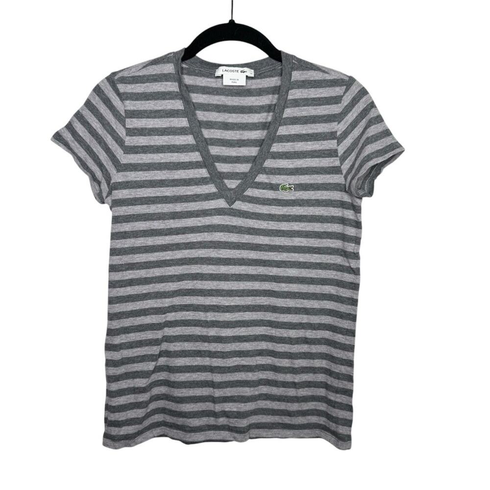 LACOSTE / gray striped short sleeve v-neck t-shirt / 34 (small)